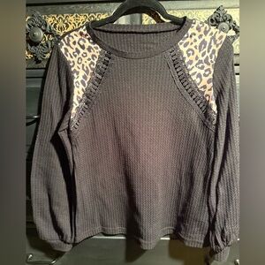 Women's Leopard & Lace Accent Waffle Top